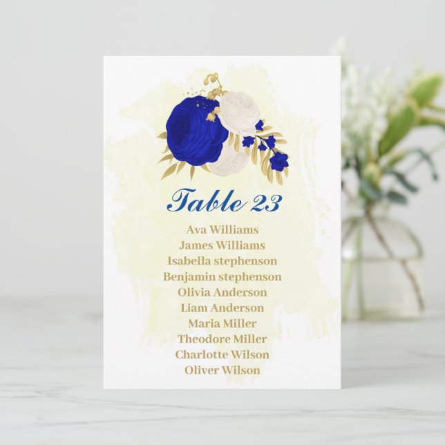 royal blue & white flowers gold seating chart card (Standing Front)
