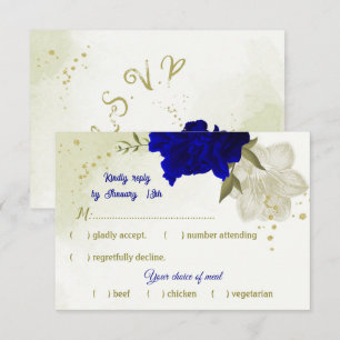 royal blue white flowers green leaves RSVP card