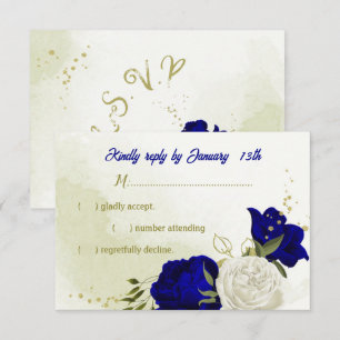 royal blue white flowers green leaves RSVP card