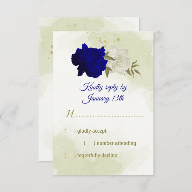 royal blue white flowers green leaves RSVP card (Front/Back)