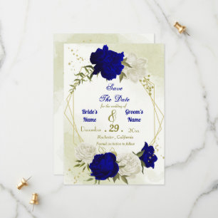 royal blue white flowers green leaves save the date