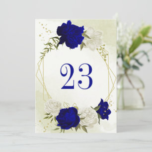 royal blue white flowers green leaves table number