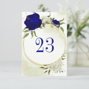 royal blue white flowers green leaves table number