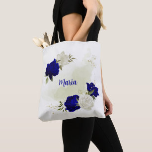 royal blue white flowers green leaves tote bag