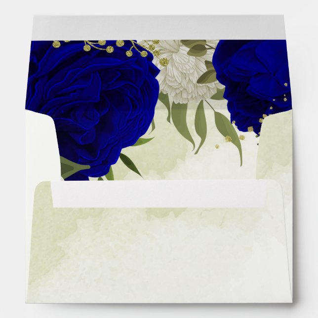 royal blue white flowers green leaves wedding envelope (Back (Bottom))