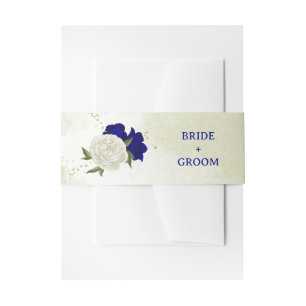 royal blue white flowers green leaves wedding invitation belly band
