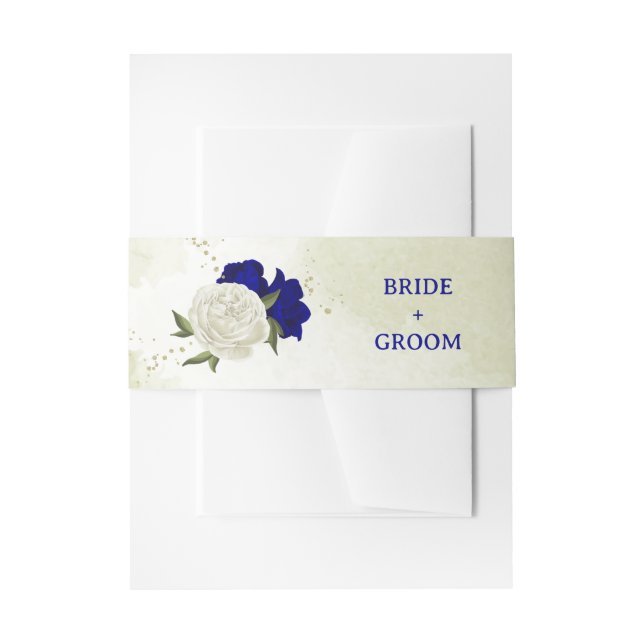 royal blue white flowers green leaves wedding invitation belly band (Front Example)