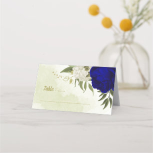 royal blue white flowers green leaves wedding place card