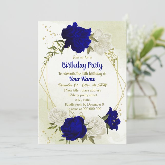 royal blue white flowers greenery birthday  invitation (Standing Front)
