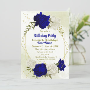 royal blue white flowers greenery birthday  invitation