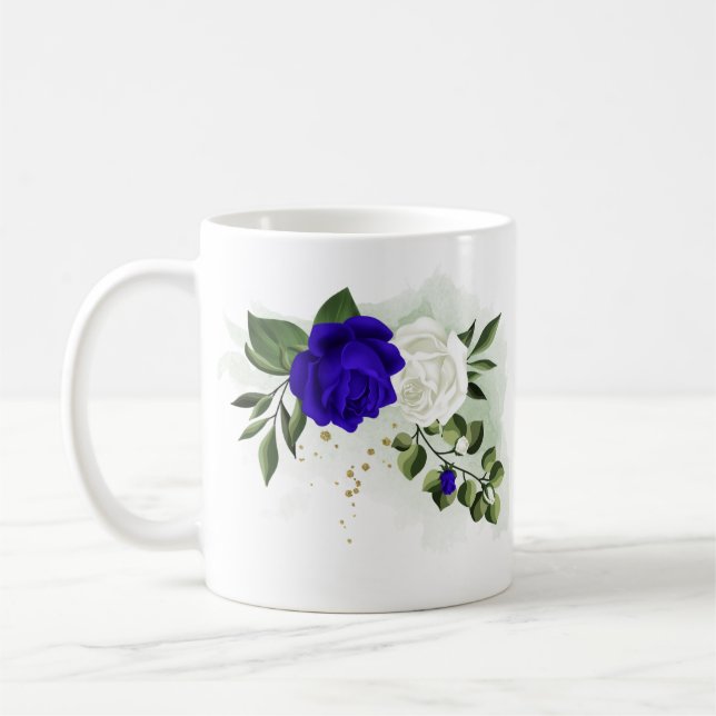 royal blue & white flowers greenery coffee mug (Left)