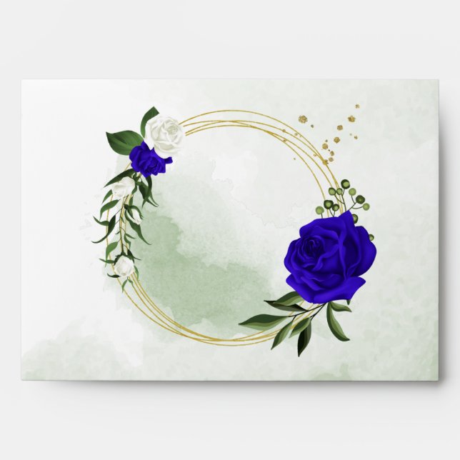 royal blue & white flowers greenery gold wreath envelope (Front)