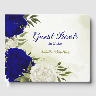 royal blue white flowers greenery guest book