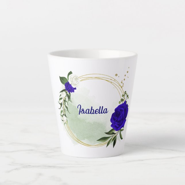 royal blue & white flowers greenery latte mug (Front)