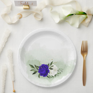 royal blue & white flowers greenery paper plate