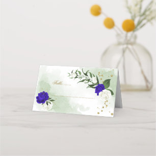 royal blue & white flowers greenery place card