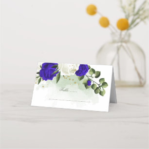 royal blue & white flowers greenery place card