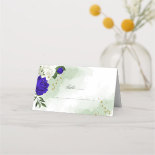royal blue & white flowers greenery place card