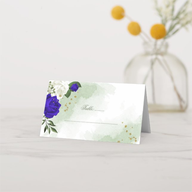 royal blue & white flowers greenery place card (Front)