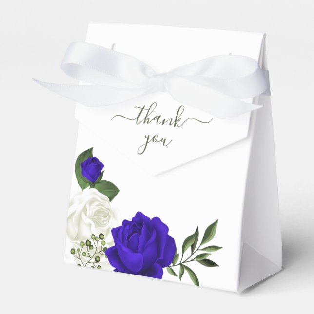 royal blue & white flowers greenery wedding favour box (Front Side)