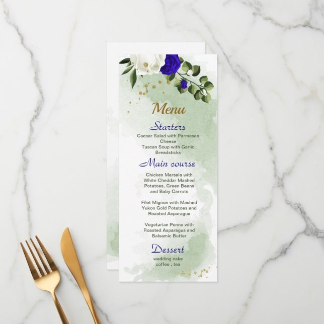 royal blue white flowers greenery wedding menu (Front/Back In Situ)
