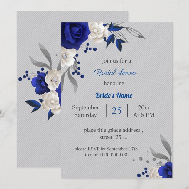 royal blue white flowers grey leaves bridal shower invitation (Front/Back)