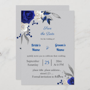 royal blue white flowers grey leaves save the date invitation