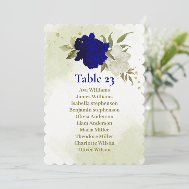 royal blue white flowers seating chart card (Standing Front)
