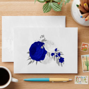 royal blue &white flowers silver botanical wedding envelope