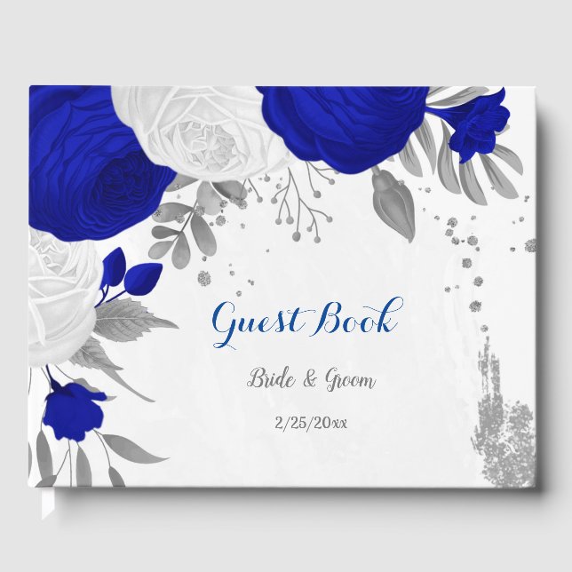 royal blue &white flowers silver botanical wedding guest book (Front)