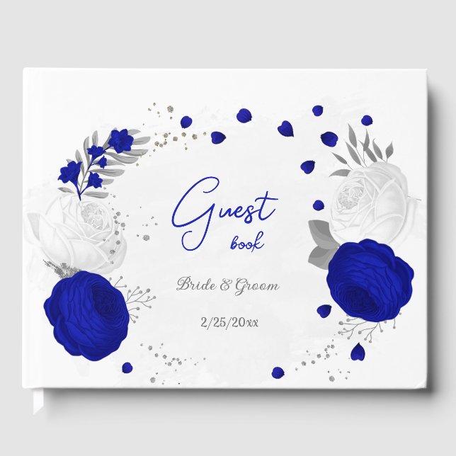 royal blue &white flowers silver botanical wedding guest book (Front)