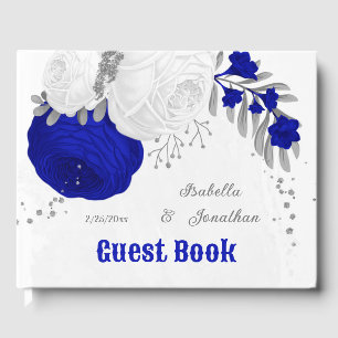 royal blue &white flowers silver botanical wedding guest book