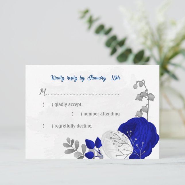 royal blue &white flowers silver botanical wedding RSVP card (Standing Front)