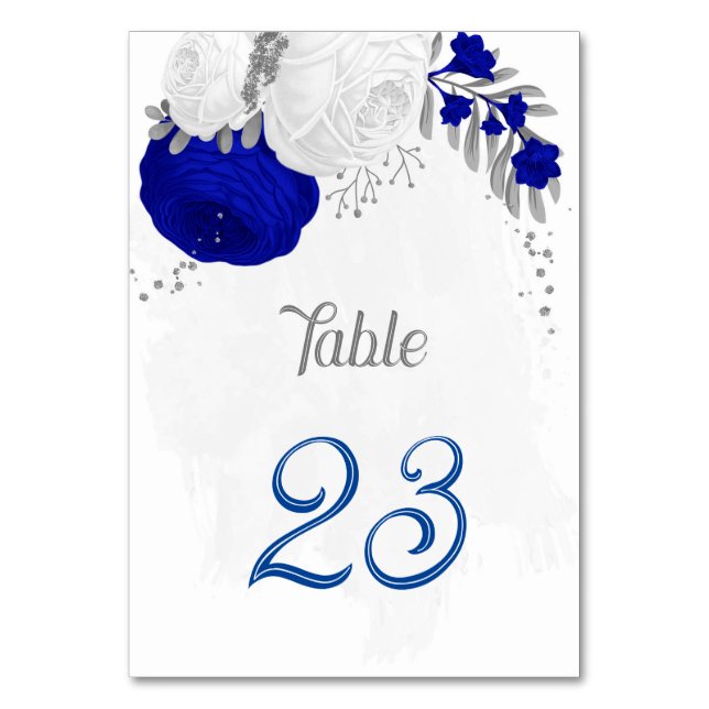royal blue &white flowers silver botanical wedding table number (Front)