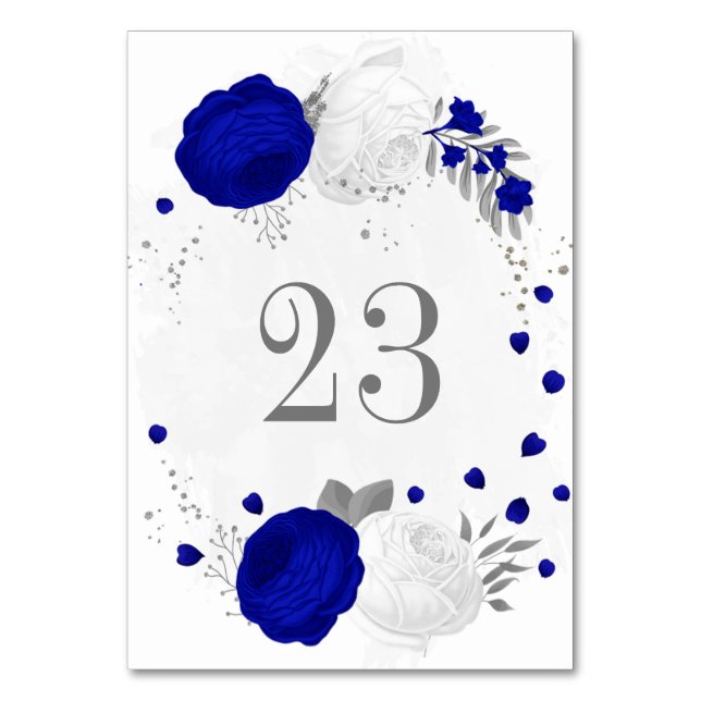 royal blue &white flowers silver botanical wedding table number (Front)