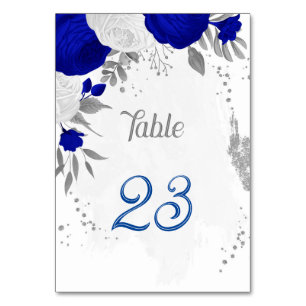 royal blue &white flowers silver botanical wedding table number