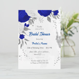 royal blue &white flowers silver bridal shower invitation