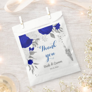 royal blue &white flowers silver favour bags