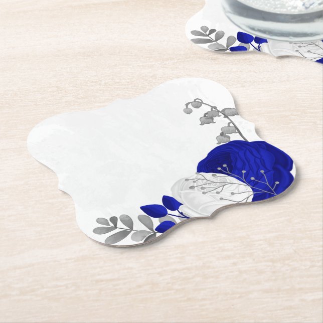  royal blue & white flowers silver paper coaster (Angled)