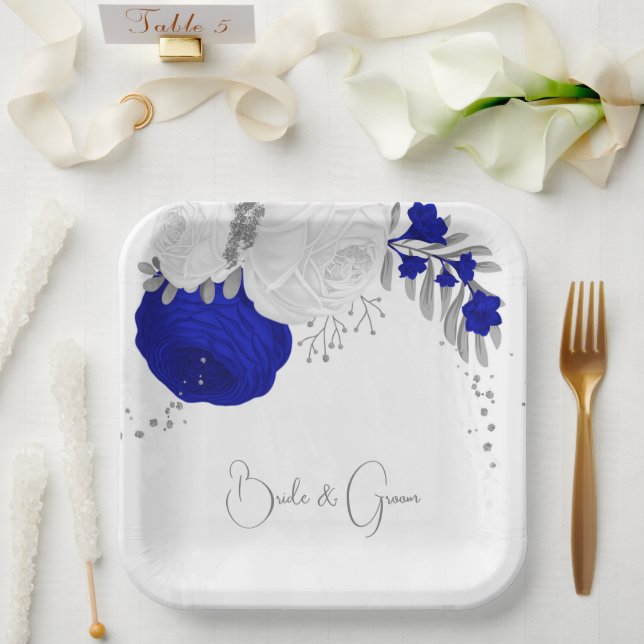  royal blue & white flowers silver paper plate (Wedding)