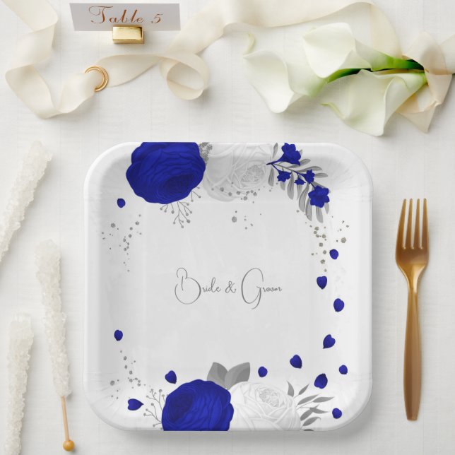  royal blue & white flowers silver  paper plate (Wedding)