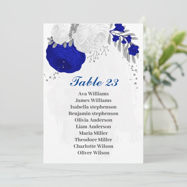 royal blue white flowers silver seating chart card (Standing Front)