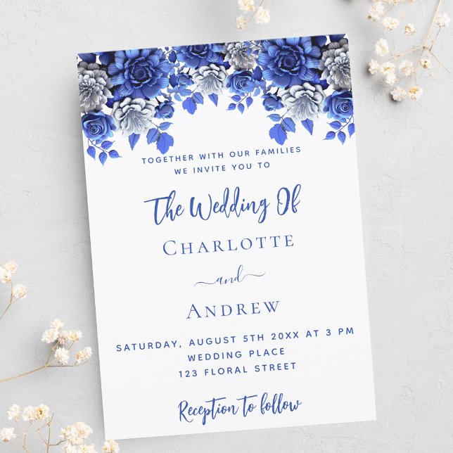 Royal blue white flowers wedding invitation postcard (Creator Uploaded)
