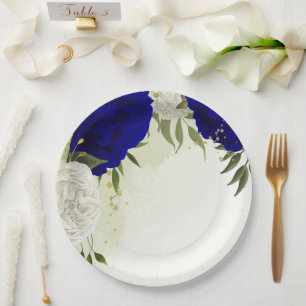 royal blue white flowers wedding paper plate
