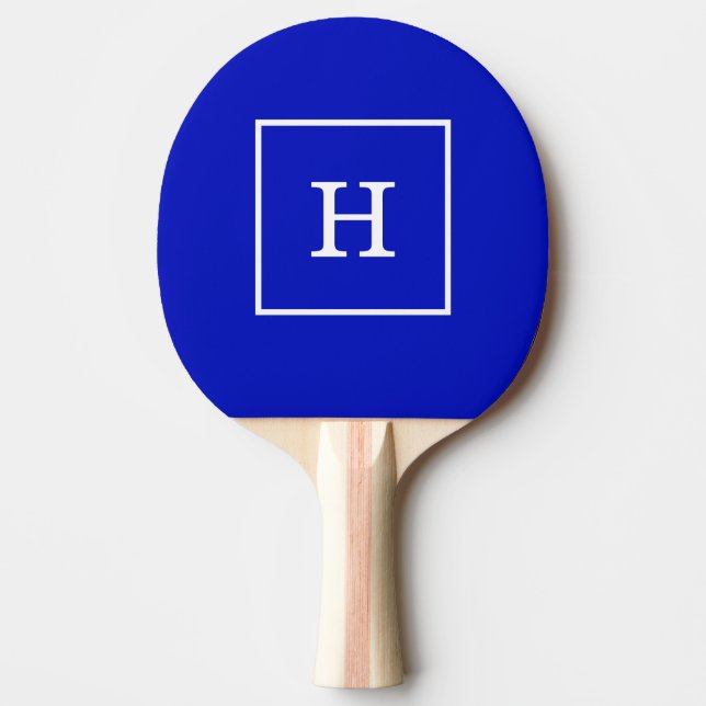 Royal Blue White Framed Initial Monogram Ping Pong Paddle (Front)
