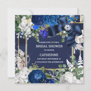 Royal blue white glitter bow diamond elegant chic invitation