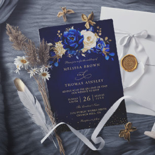 Royal Blue White Gold Chic Floral QR Code Wedding Invitation