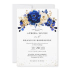 Royal Blue White Gold Metallic Floral Wedding Invi