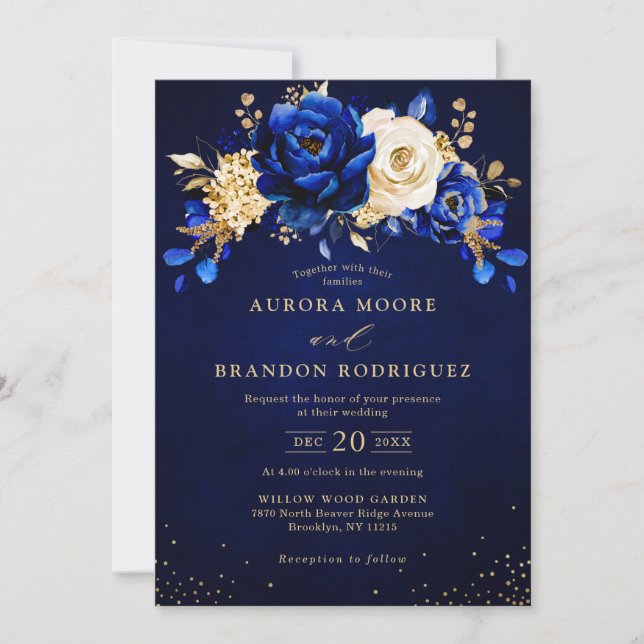 Royal Blue White Gold Metallic Floral Wedding Invi Invitation (Front)