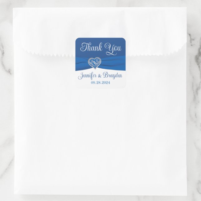 Royal Blue, White Heart of Love Wedding Favour Square Sticker (Bag)
